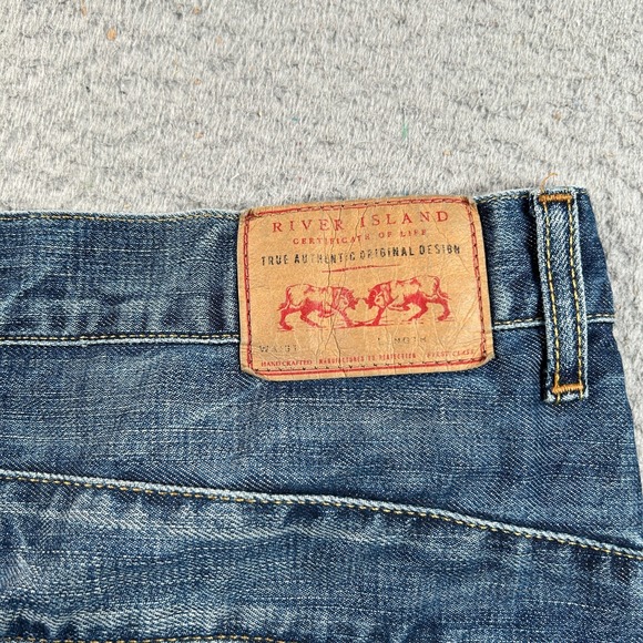 River Island Jeans Mens 34x32 Blue Denim Straight Faded Workwear Button-Fly - Picture 3 of 9